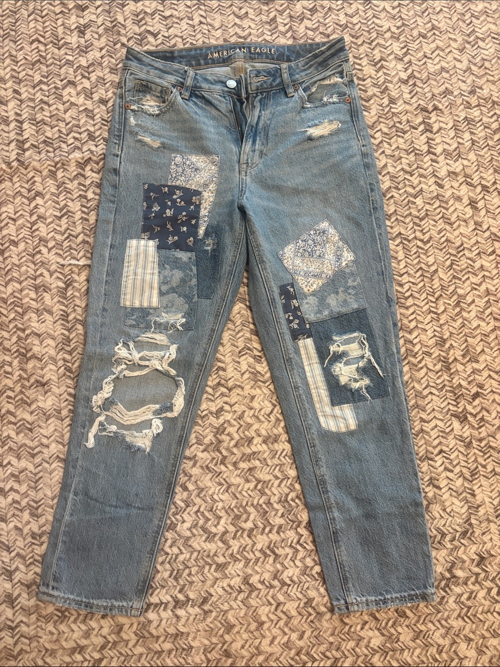 American Eagle Outfitters Blue Patchwork Distressed Mom Straight Jeans